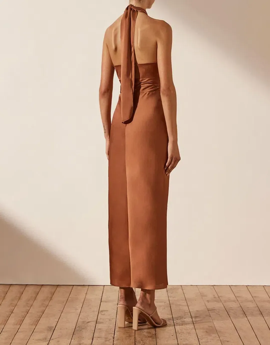 Shona Joy Luxe Halter Midi Dress Mocha Size 12 for rent on The Volte - main image