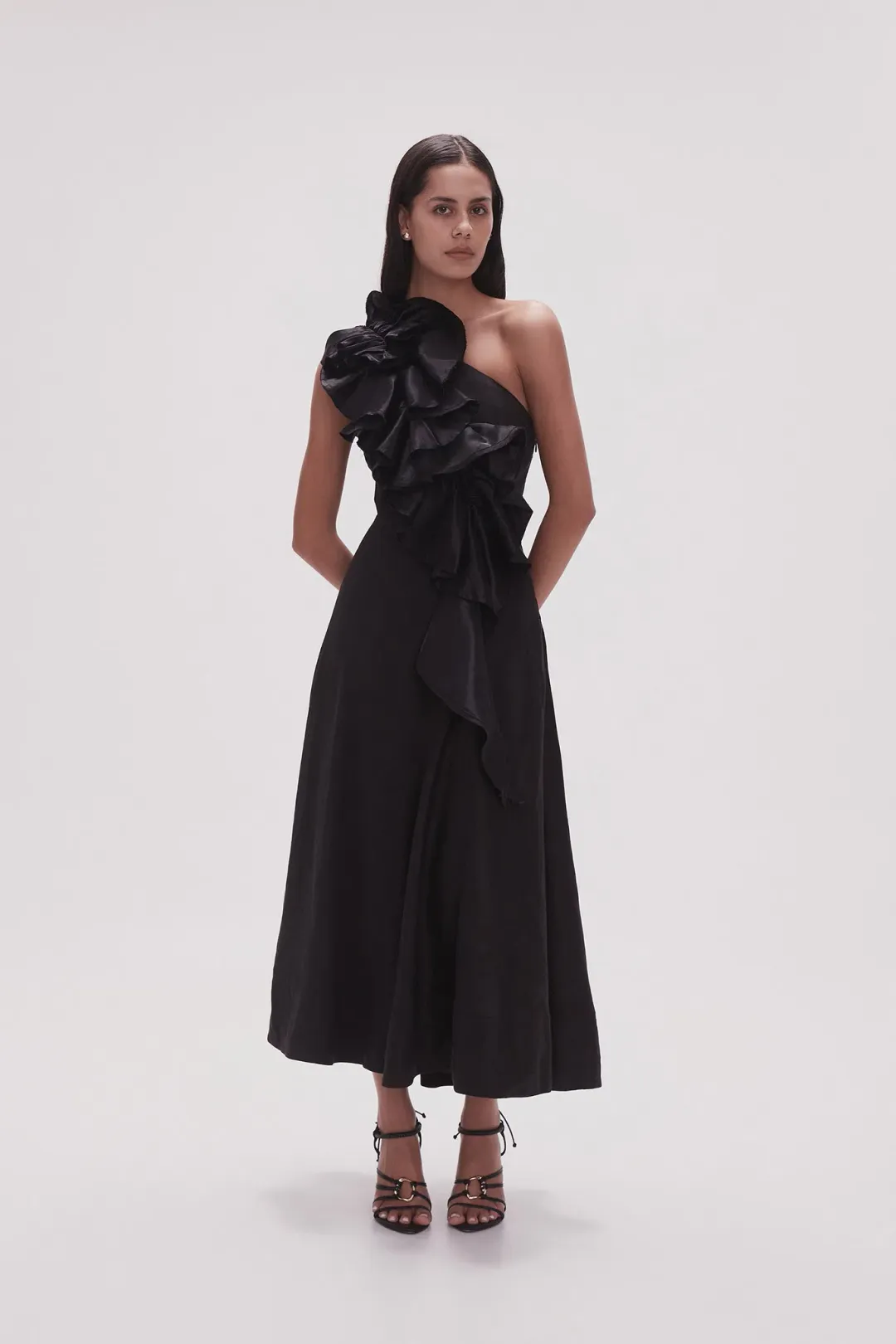 Aje Adelia Ruffle Midi Dress Black Size AU 8 for rent on The Volte - main image