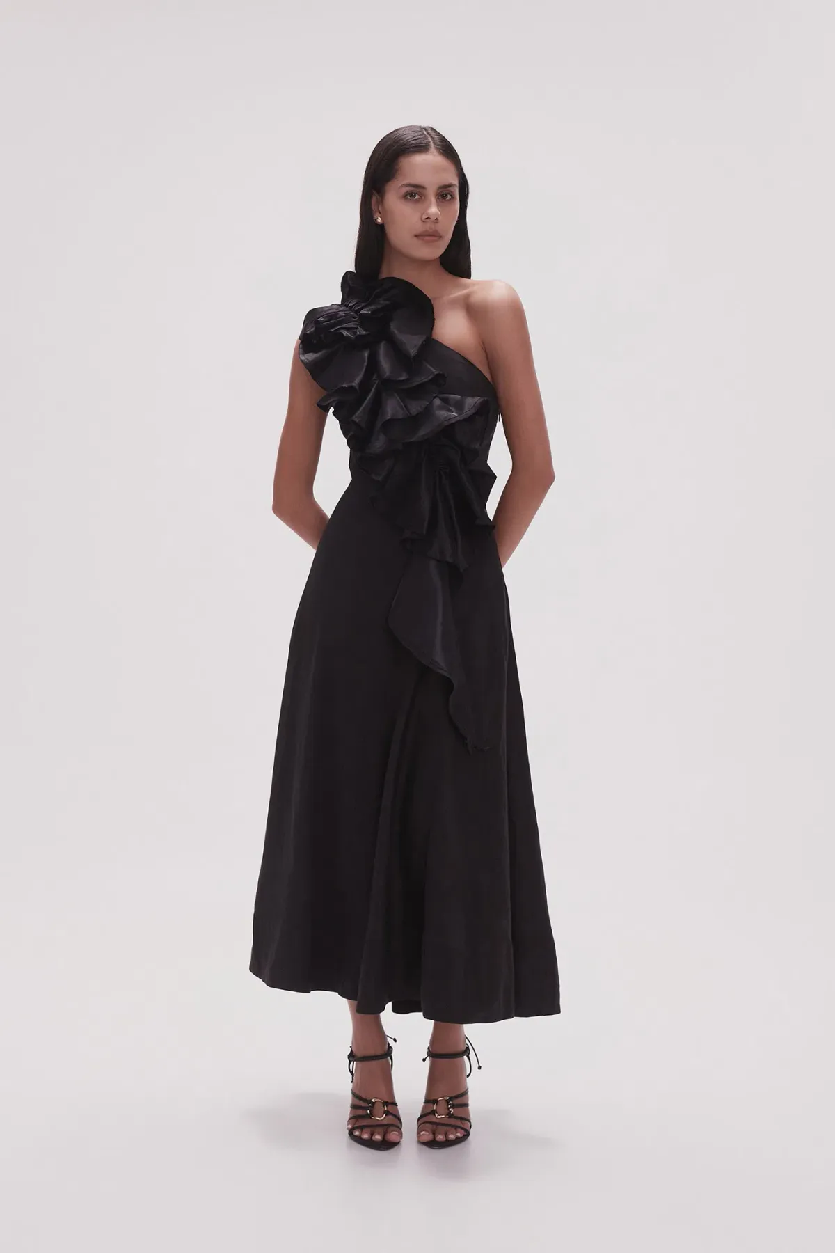 Aje Adelia Ruffle Midi Dress Black Size AU 8 for rent on The Volte - main image