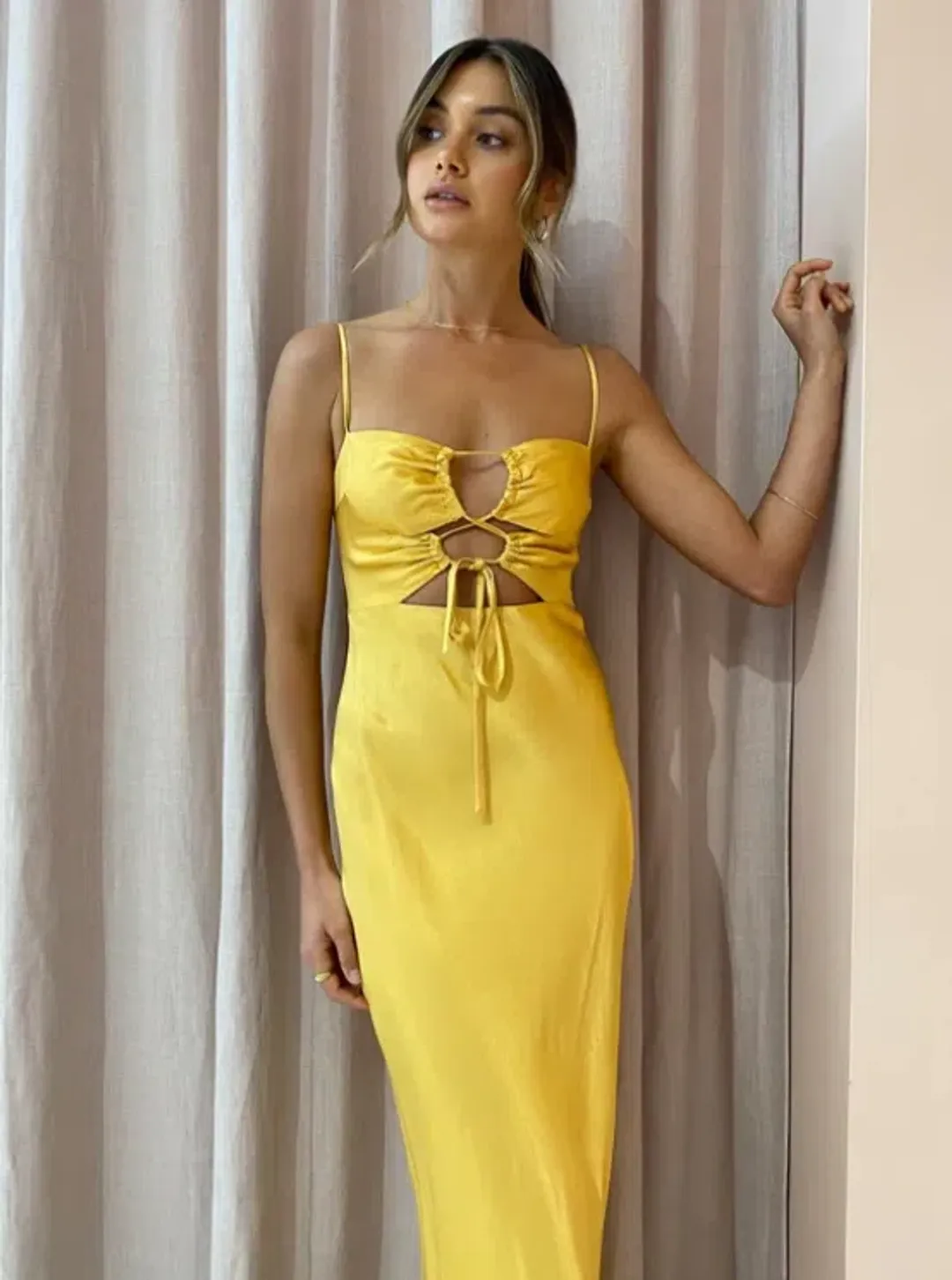 Shona Joy Alma Lace Up Midi Dress Saffron Yellow Size AU 12 for rent on The Volte - main image