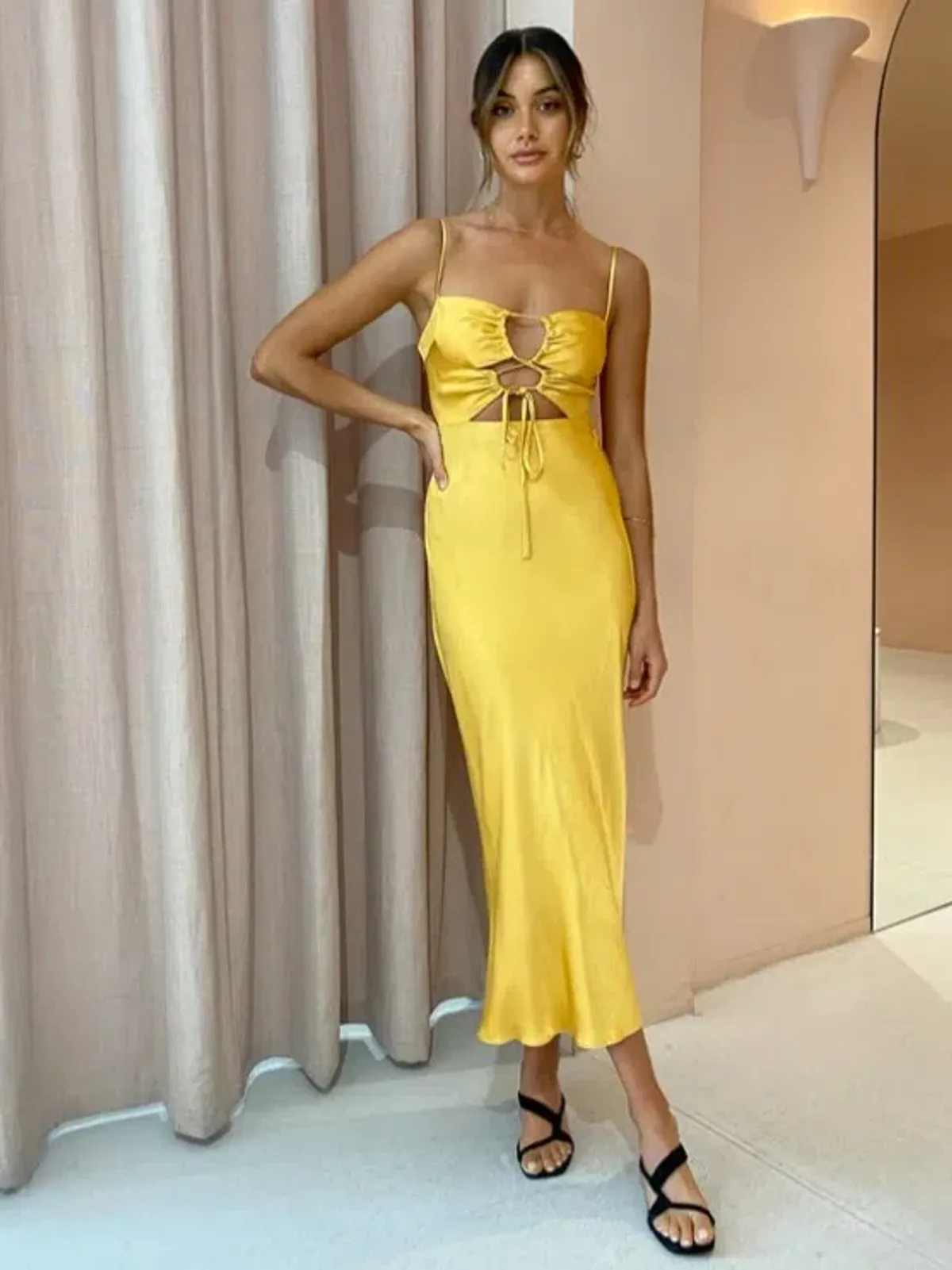 Shona Joy Alma Lace Up Midi Dress Saffron Yellow Size AU 12 for rent on The Volte - main image