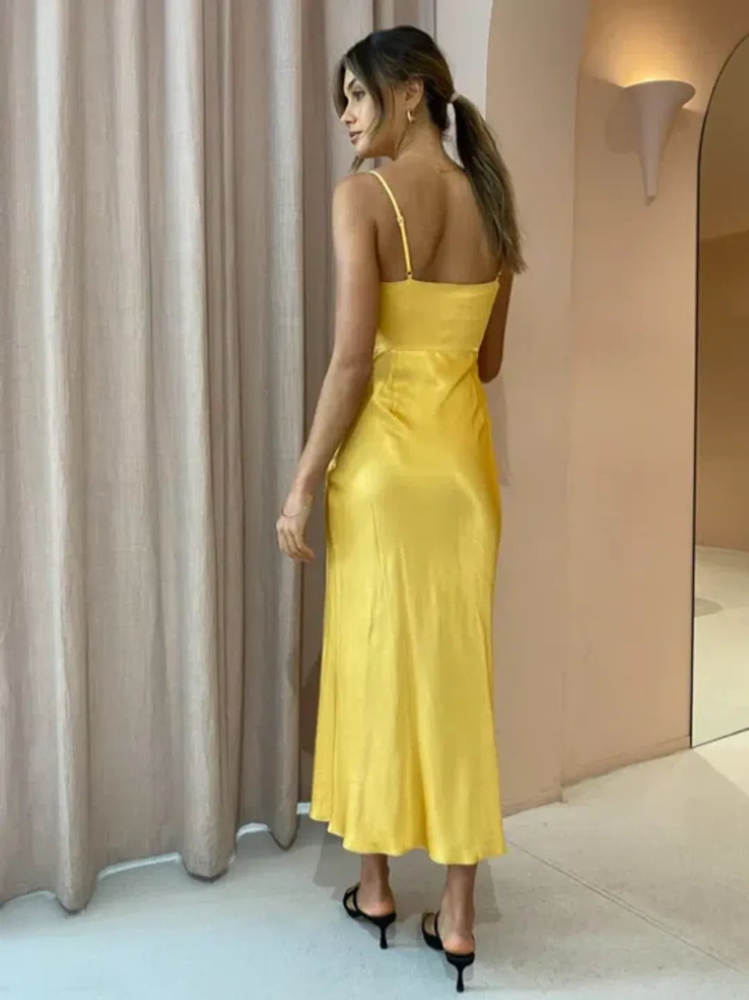 Shona Joy Alma Lace Up Midi Dress Saffron Yellow Size AU 12 for rent on The Volte - main image