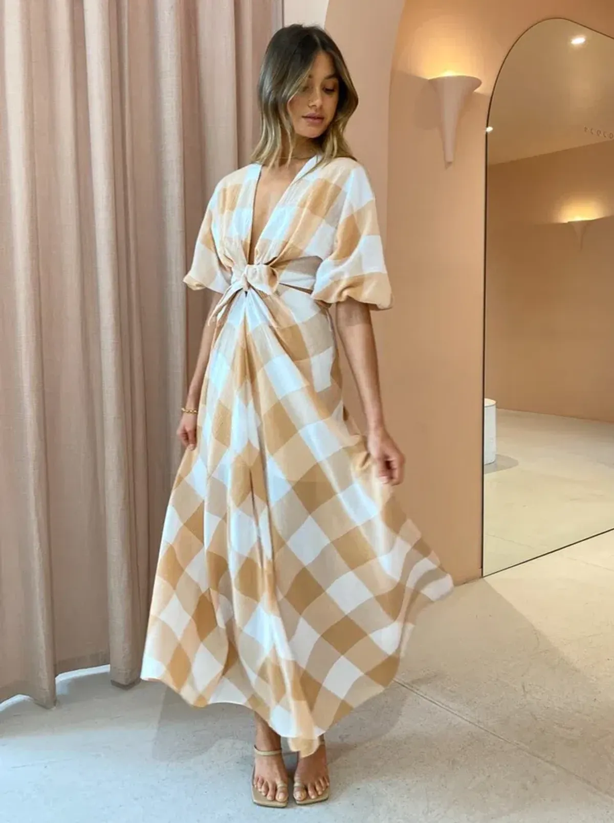 Significant Other Frida Dress In Caramel Check Print Size AU 6 for rent on The Volte - main image