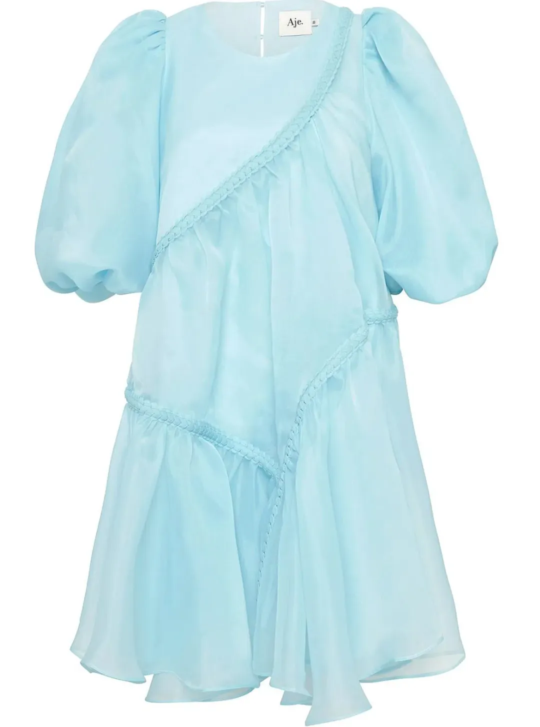 Aje Riviera Assymmetric Braided Puff Sleeve Smock Dress in Ice Blue Size AU 8 for rent on The Volte - main image