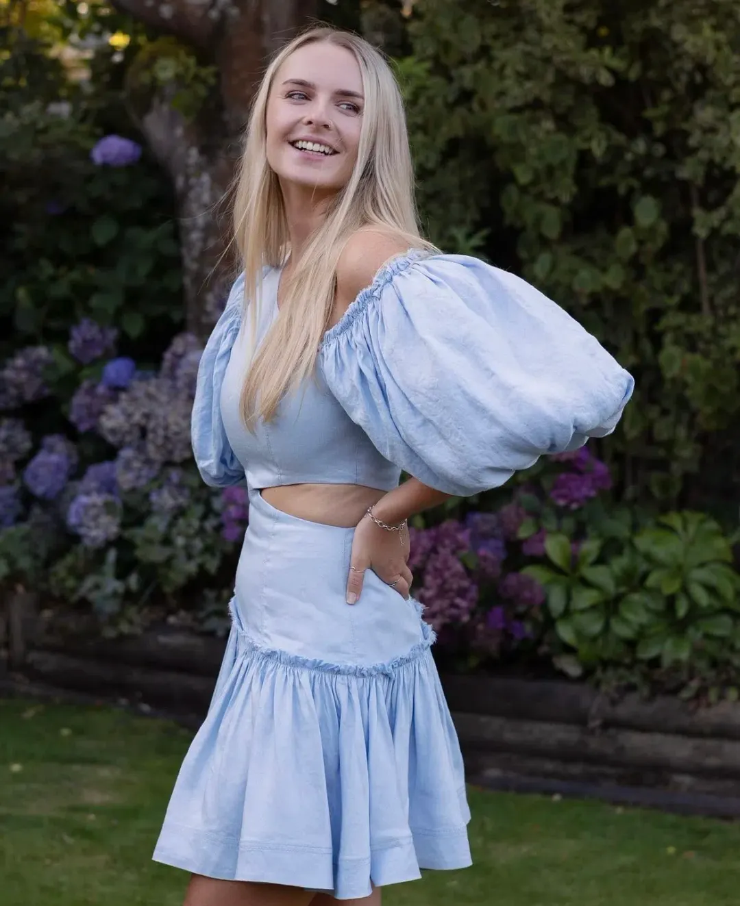 Aje Chateau Midi Dress Sky Blue Size 8 for rent on The Volte - main image