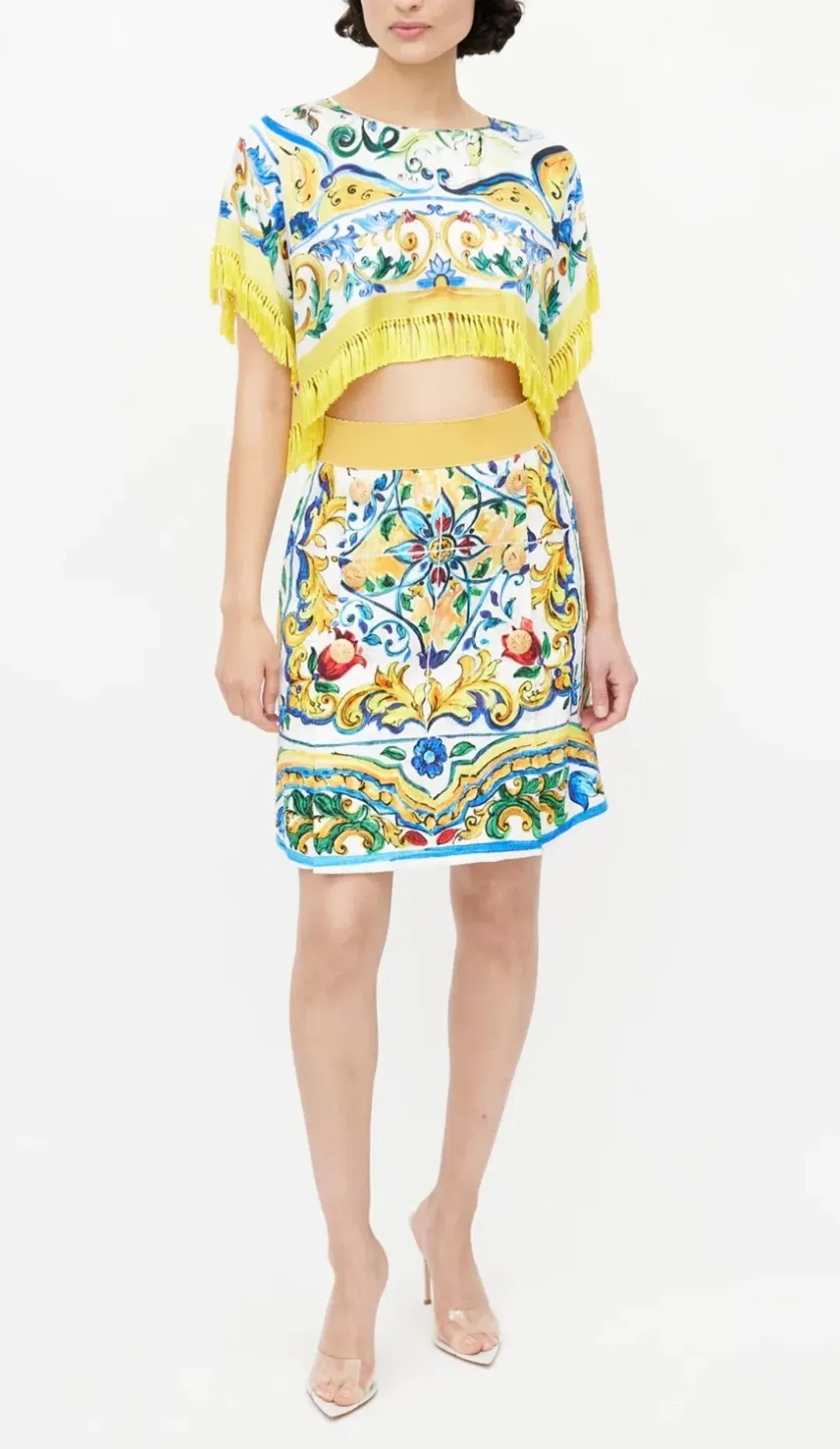 Dolce & Gabbana Crop Top and Mini Skirt Set Majolica Print Size 8 for rent on The Volte - main image