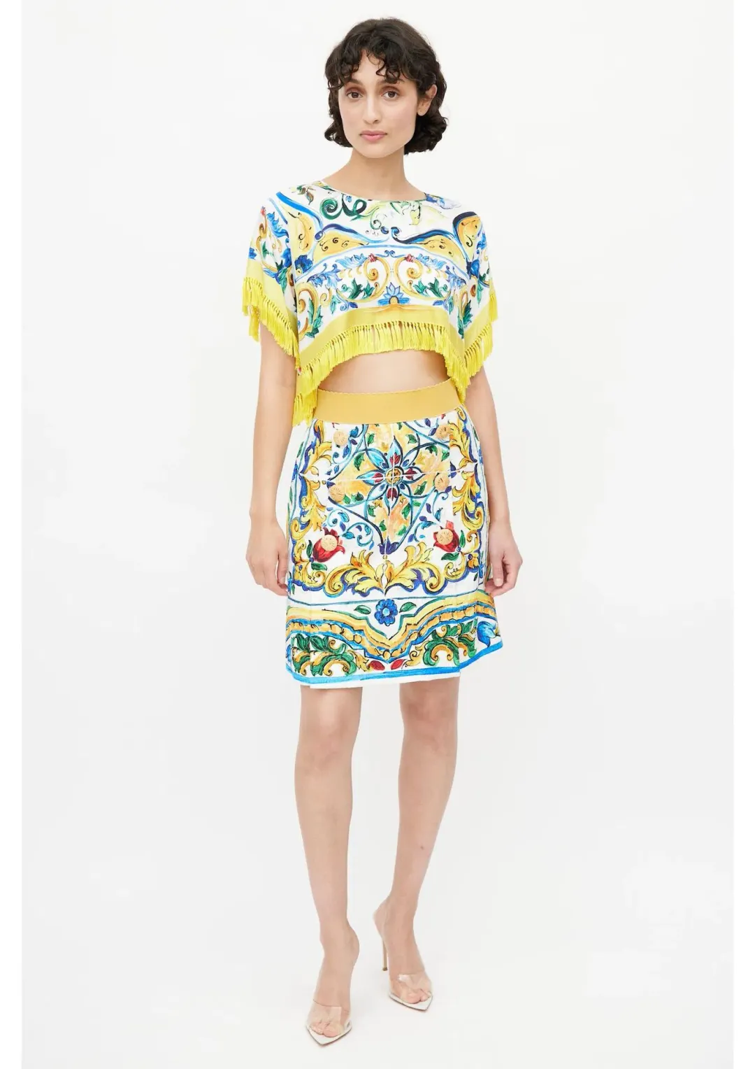Dolce & Gabbana Crop Top and Mini Skirt Set Majolica Print Size 8 for rent on The Volte - main image