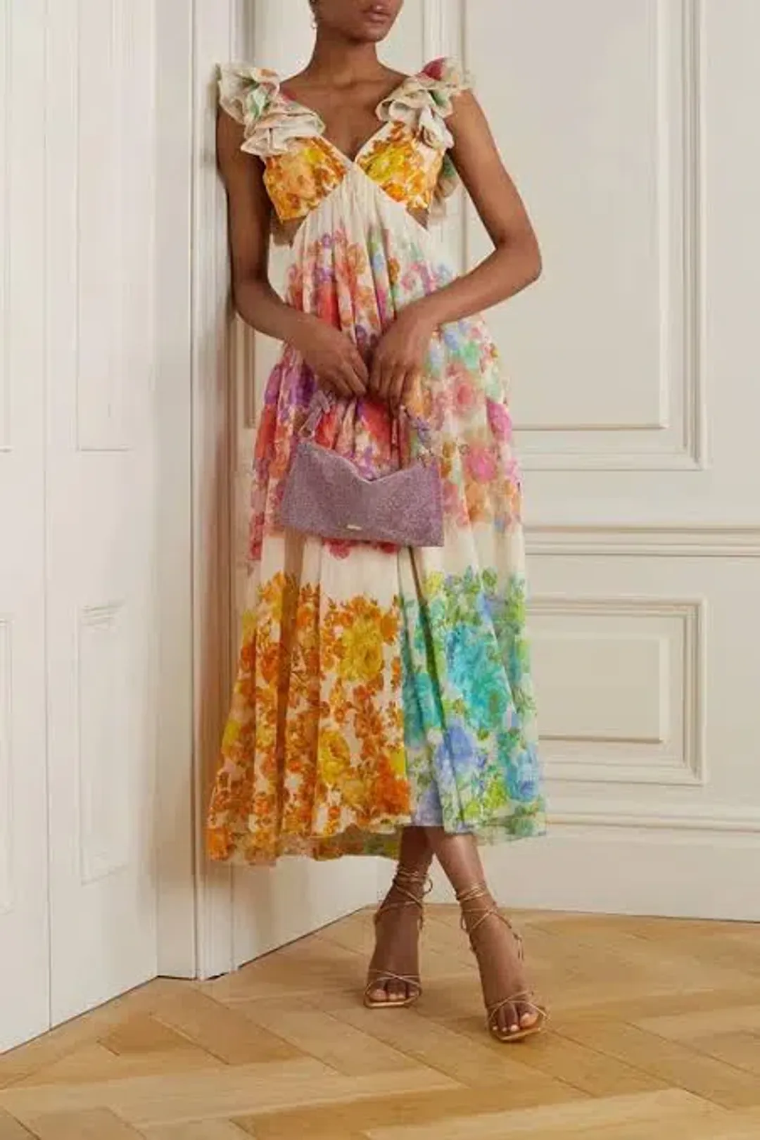 Zimmermann Raie Frill Shoullder Midi Dress Multi Floral Size 1 / AU 10 for rent on The Volte - main image