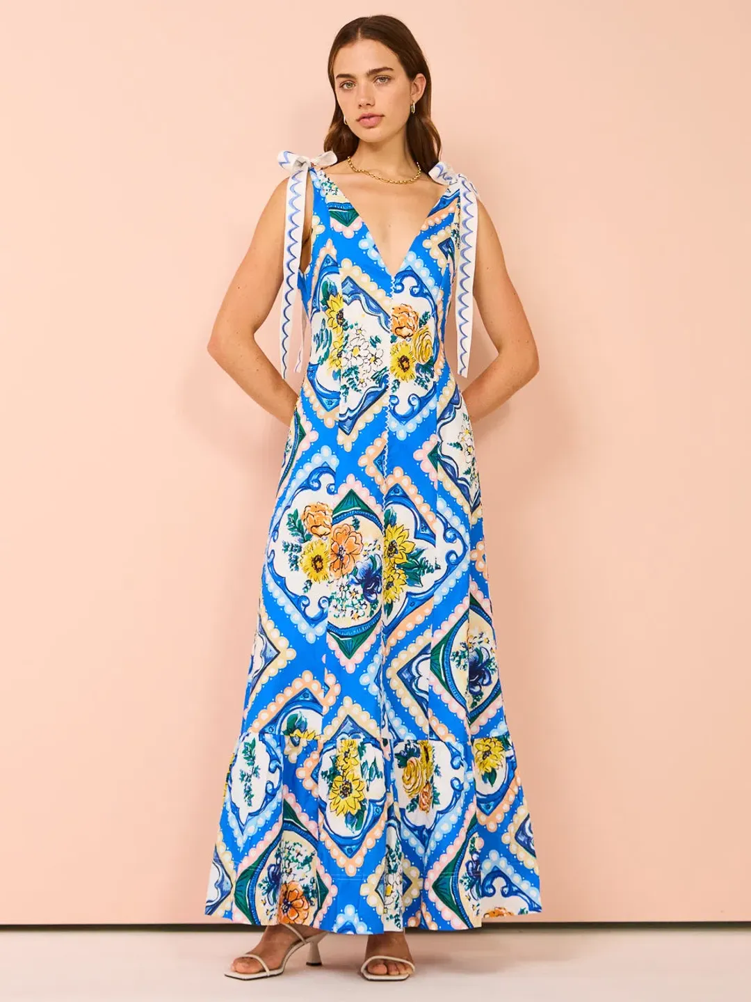 By Nicola Adoncia Tie Shoulder Maxi in Azure Floral Size 12 for rent on The Volte - main image