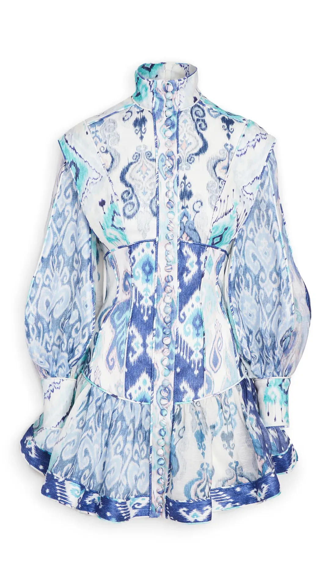 Zimmermann Glassy Long Sleeve Mini Dress Spliced Blue Ikat  Size 0 / 8 AU for rent on The Volte - main image