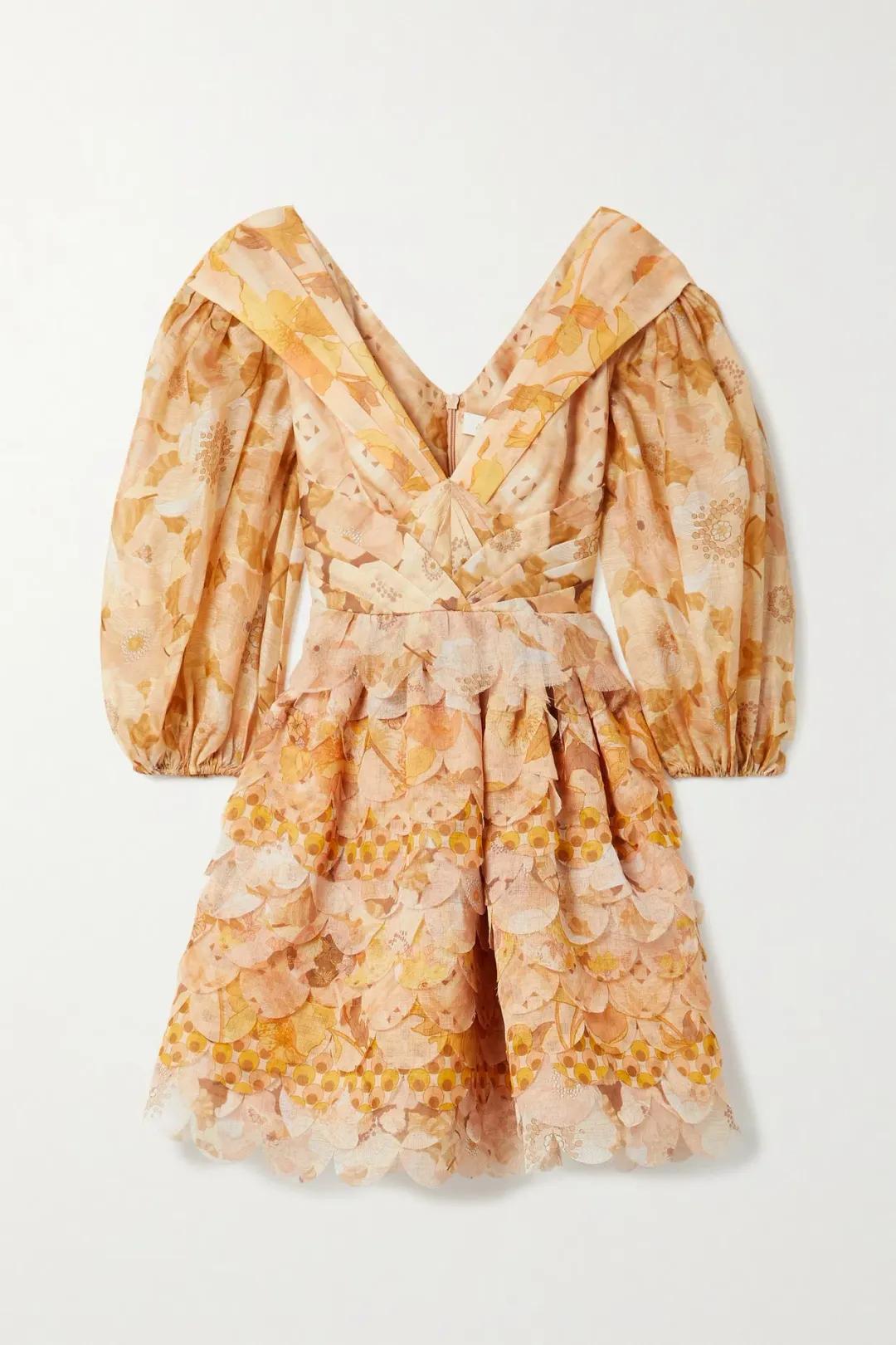 Zimmermann Tempo Scalloped Mini Dress Gold Mixed Print Size 3 / AU 14 for rent on The Volte - main image