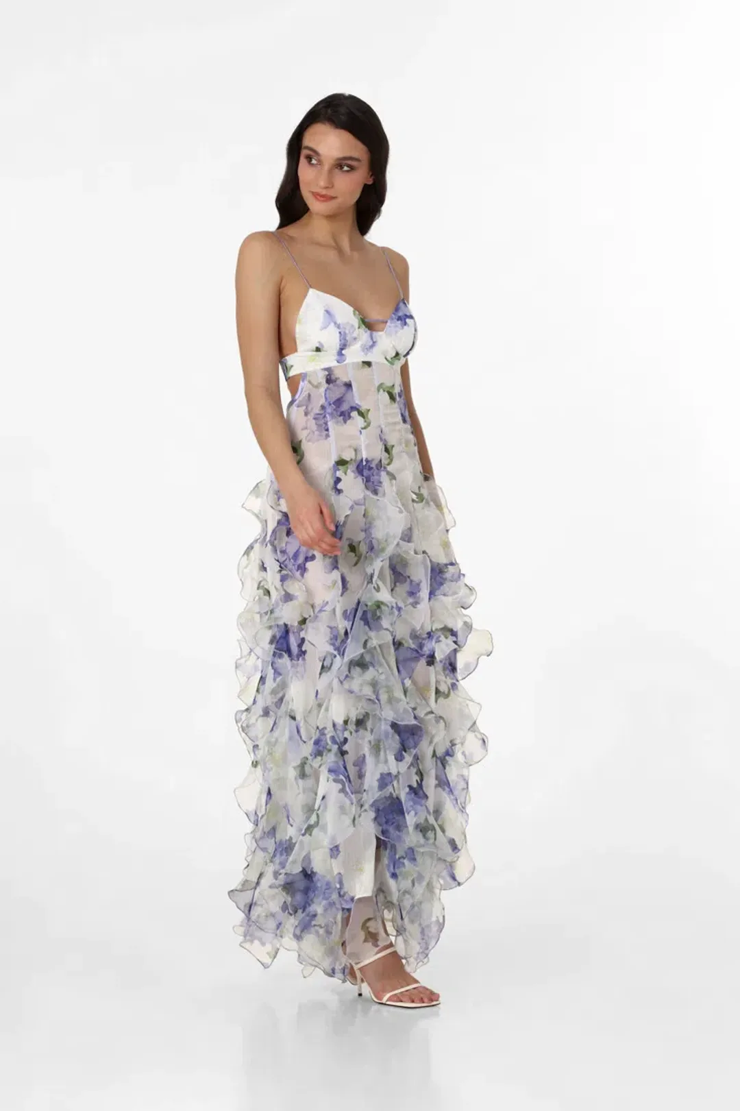 Menti Santorini Iris Flower Maxi Dress Blue Roses Chiffon Print Size XS / AU 6 for rent on The Volte - main image