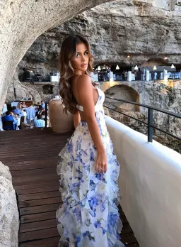 Menti Santorini Iris Flower Maxi Dress Blue Roses Chiffon Print Size L / AU 12 for rent on The Volte - image 4