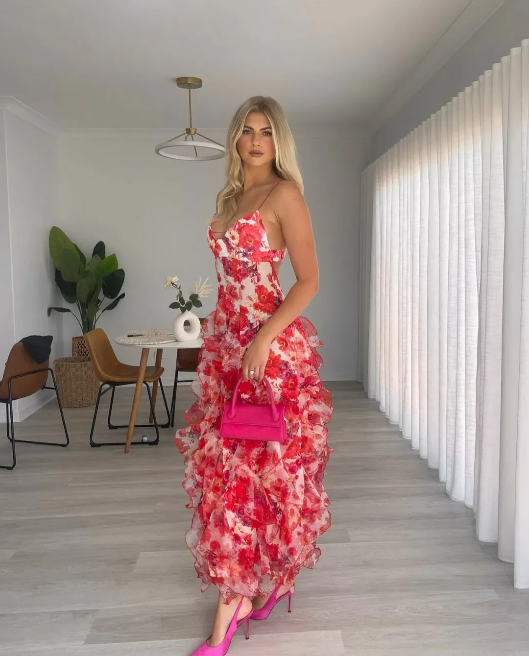Menti Santorini Iris Flower Maxi Dress in Red Floral Chiffon Size XS / AU 6 for rent on The Volte - main image