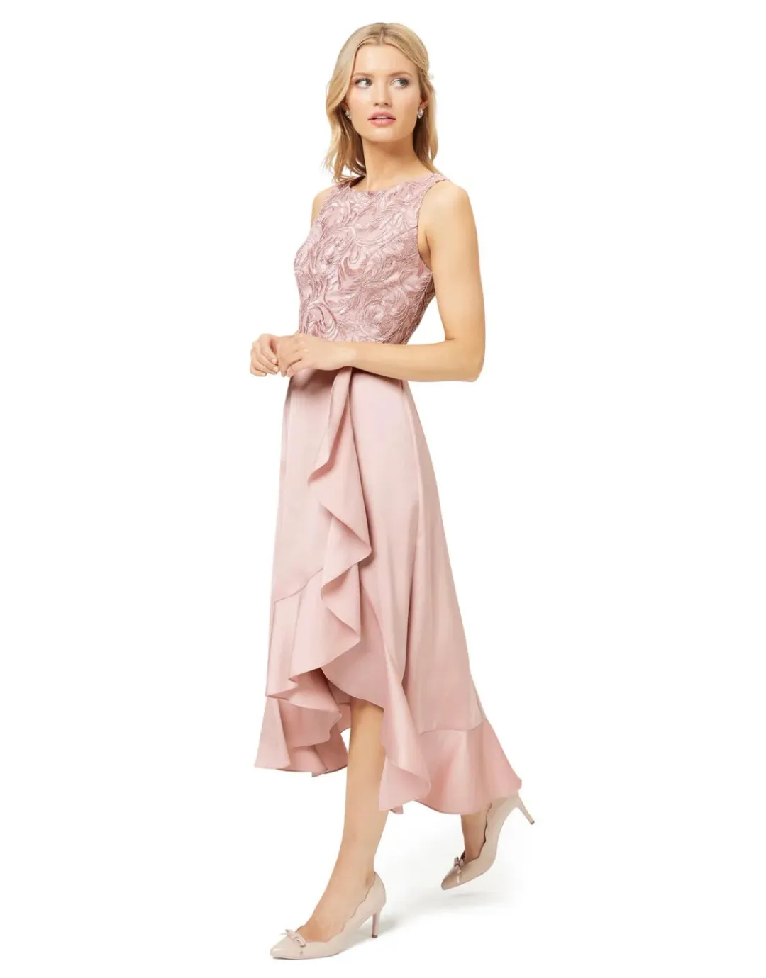 Review Thinking of You Midi Dress in Blush Size 8 for rent on The Volte - main image