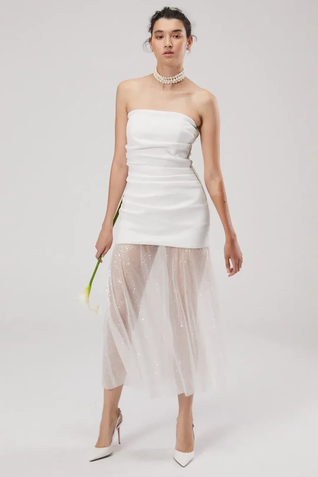 Misha Nasrin Strapless White Sequin Midi Dress Size 8/S for rent on The Volte - main image