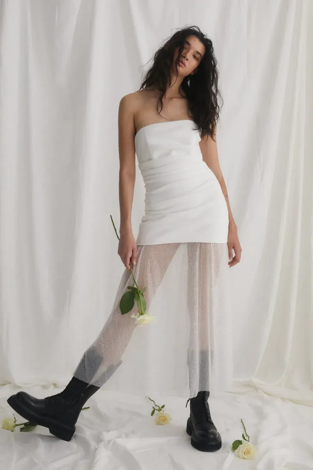 Misha Nasrin Strapless White Sequin Midi Dress Size 8/S for rent on The Volte - main image