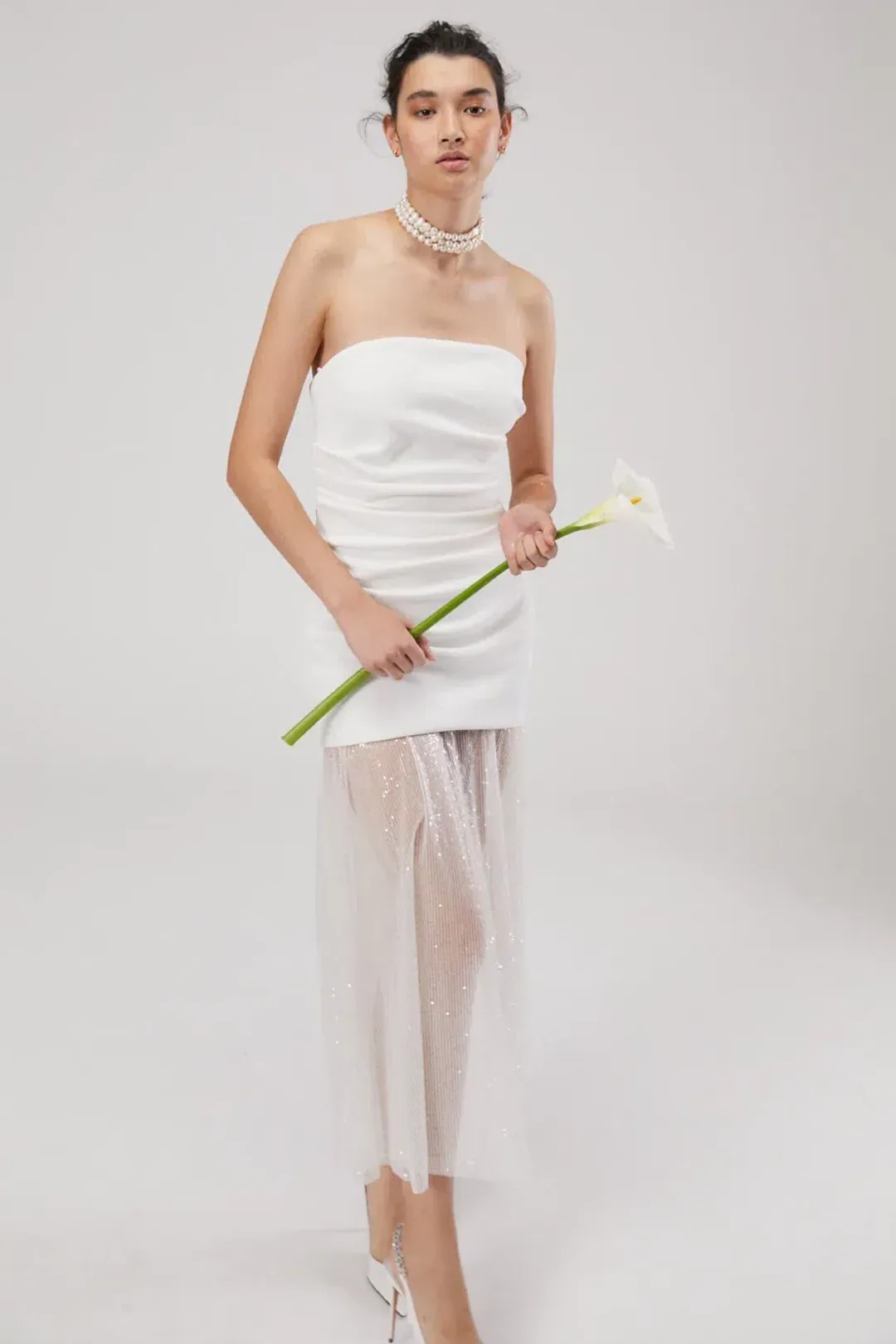 Misha Nasrin Strapless White Sequin Midi Dress Size 8/S for rent on The Volte - main image