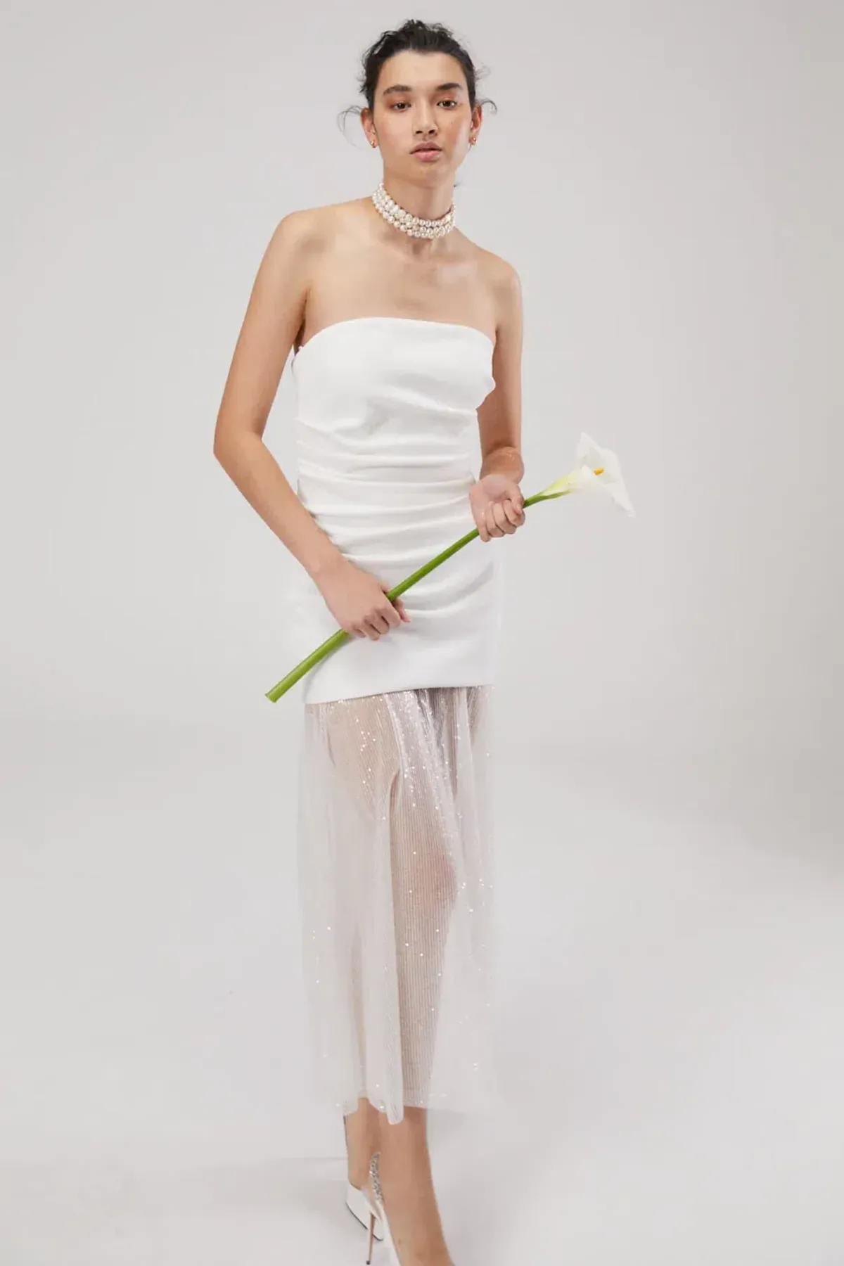 Misha Nasrin Strapless White Sequin Midi Dress Size 8/S for rent on The Volte - main image