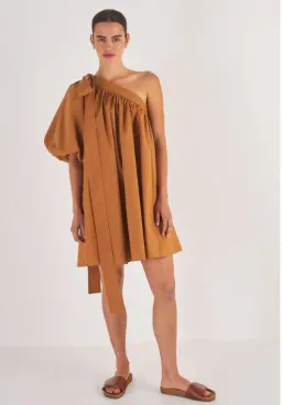 Oroton One Shoulder Gathered Dress Brown Size 12 for rent on The Volte - image 1