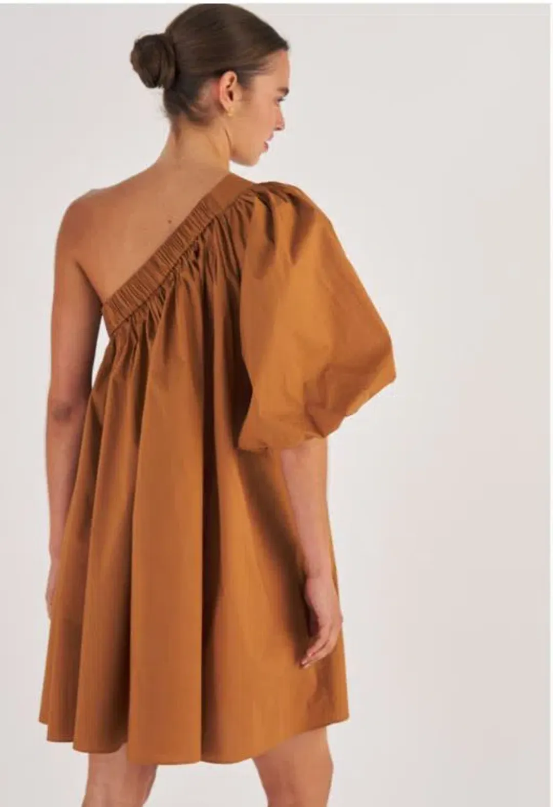 Oroton One Shoulder Gathered Dress Brown Size 12 for rent on The Volte - main image