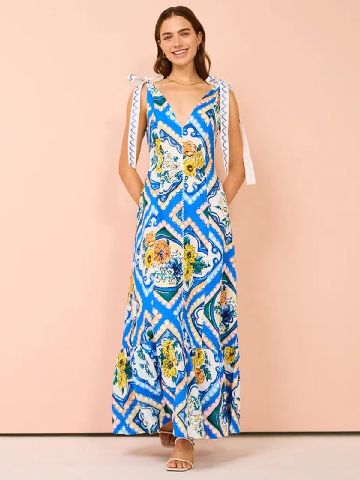 By Nicola Adoncia Tie Sleeve Maxi Dress Azure Blue Floral Size 10 for rent on The Volte - main image