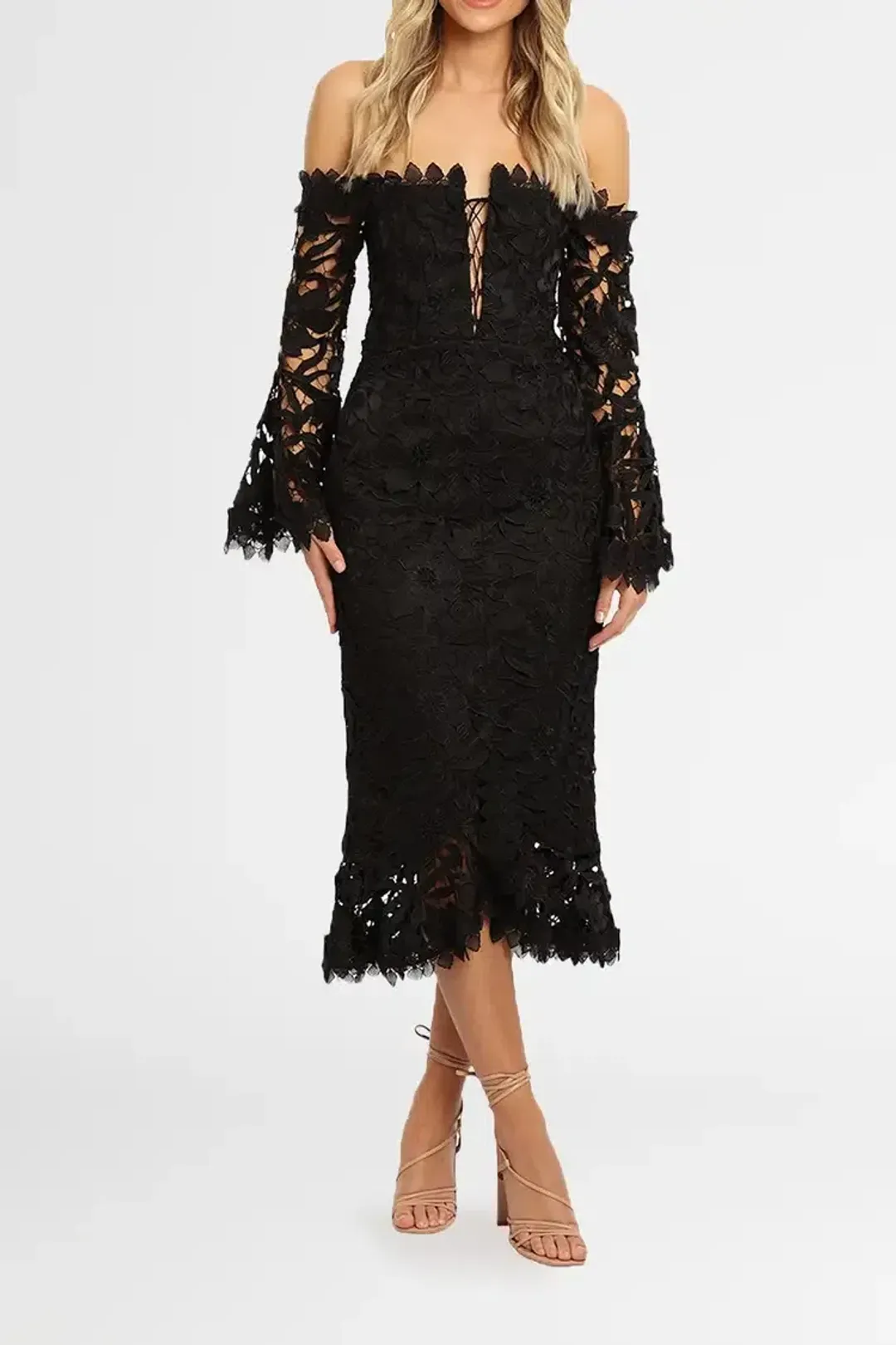 Nicholas Botanical Lace Cocktail Midi Dress in Black Size 8 for rent on The Volte - main image