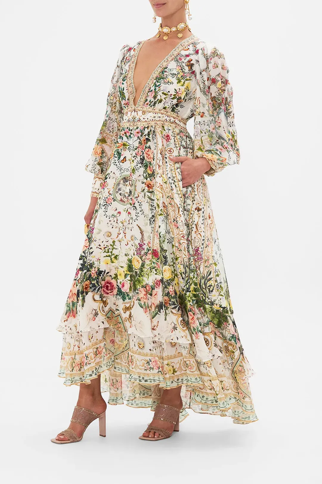 Camilla Renaissance Romance Long Button Front Dress Floral Size 12  for rent on The Volte - main image