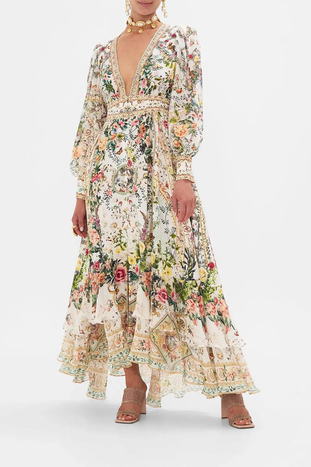 Camilla Renaissance Romance Long Button Front Dress Floral Size 12  for rent on The Volte - main image