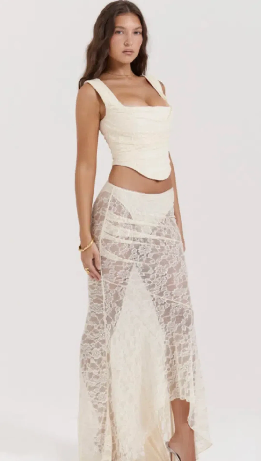 House Of CB Una Lace Corset & Therese Lace Maxi Skirt Set Vintage Cream Size 6 for rent on The Volte - main image