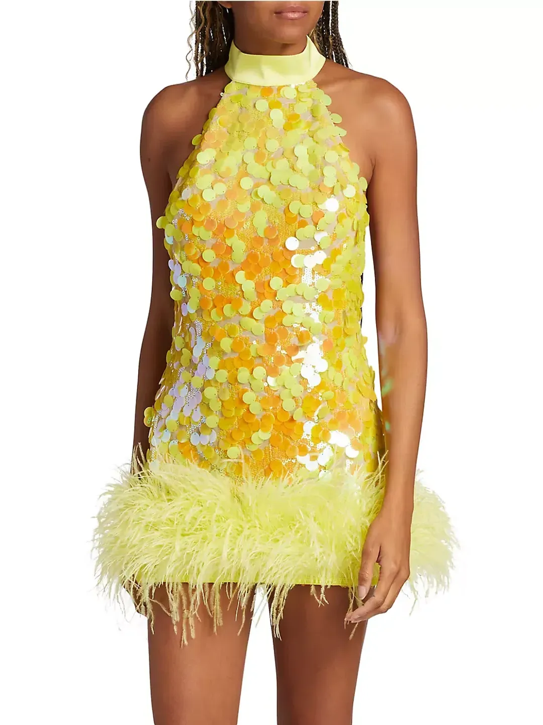 Bronx and Banco Izzy Sequin & Feather Mini Dress Yellow Size AU 6 for rent on The Volte - main image