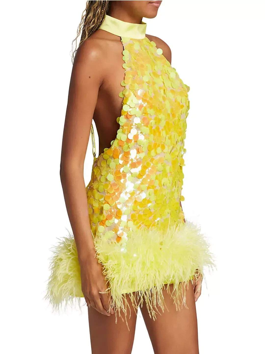 Bronx and Banco Izzy Sequin & Feather Mini Dress Yellow Size AU 6 for rent on The Volte - main image