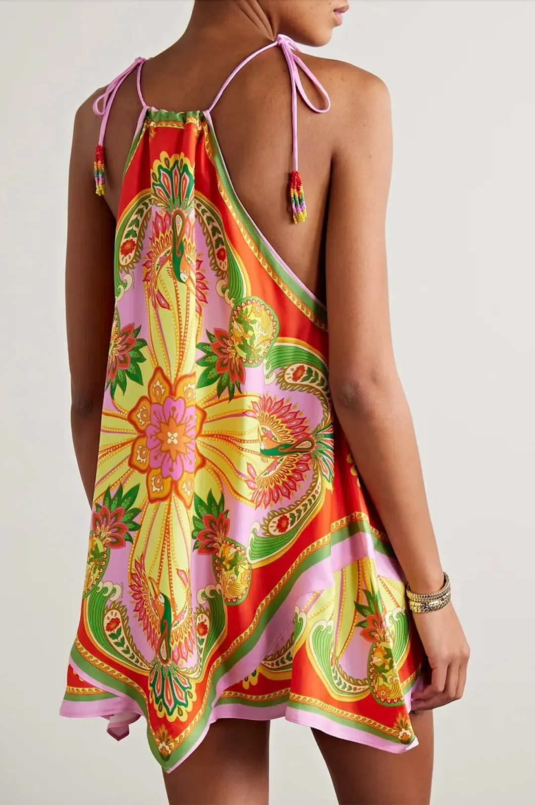 Farm Rio + Net Sustain Bead-embellished Satin Mini Dress Printed Size AU 6 for rent on The Volte - main image