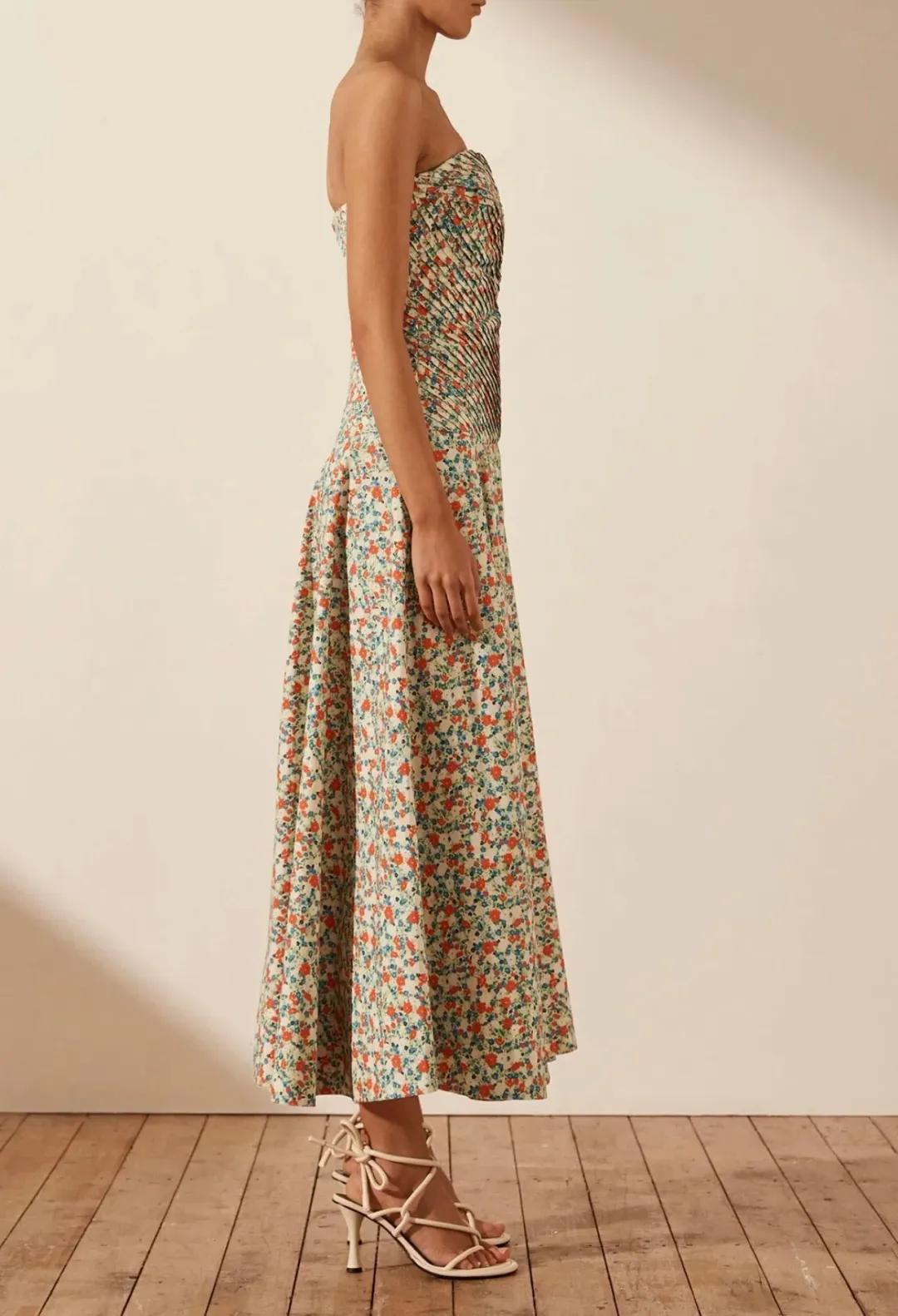 Shona Joy Ulani Strapless Pleated Midi Dress Multi Floral Size 10 for rent on The Volte - main image