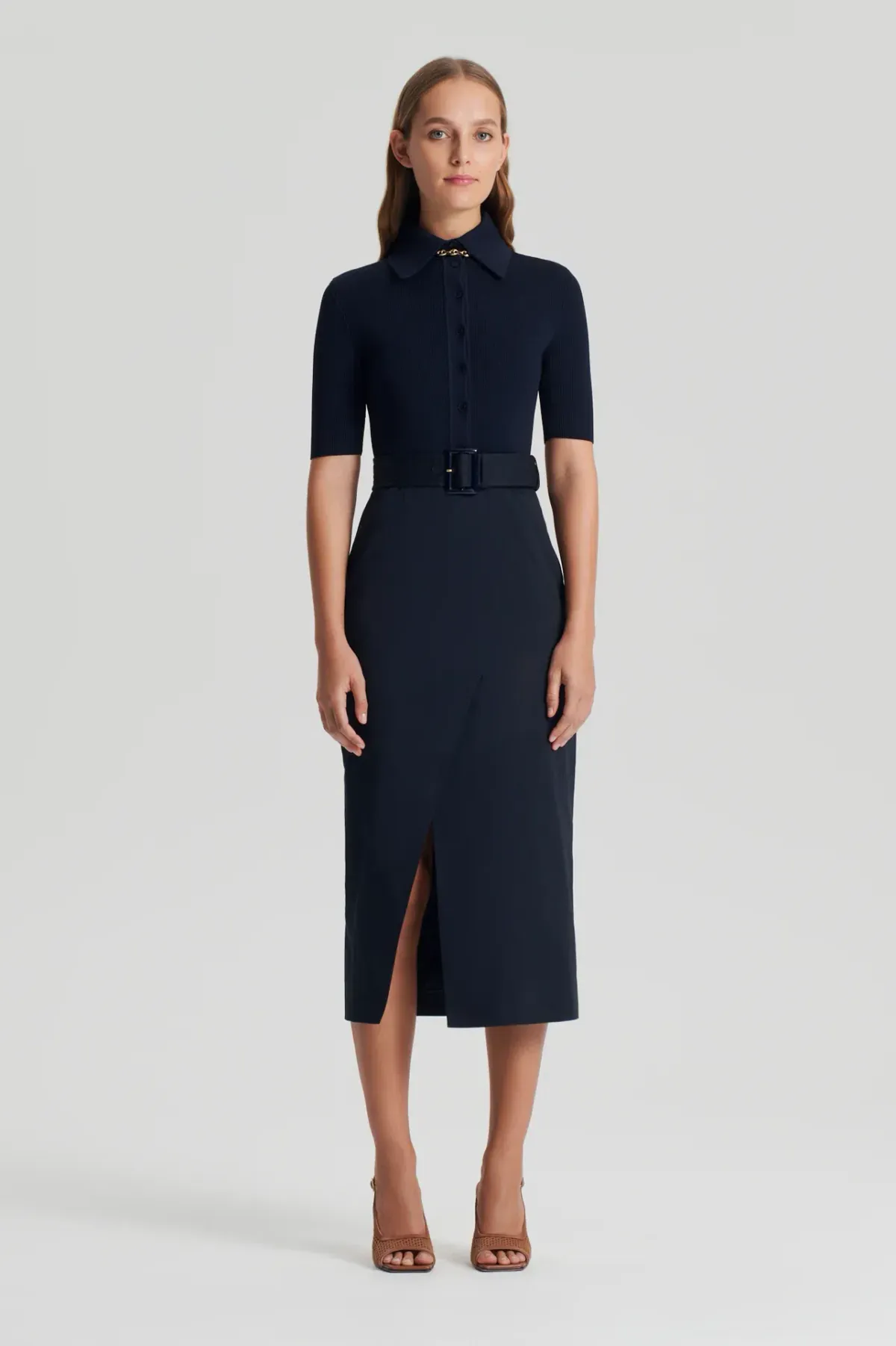 Scanlan Theodore Crepe Knit Pencil Cotton Dress Navy Size 12 for rent on The Volte - main image