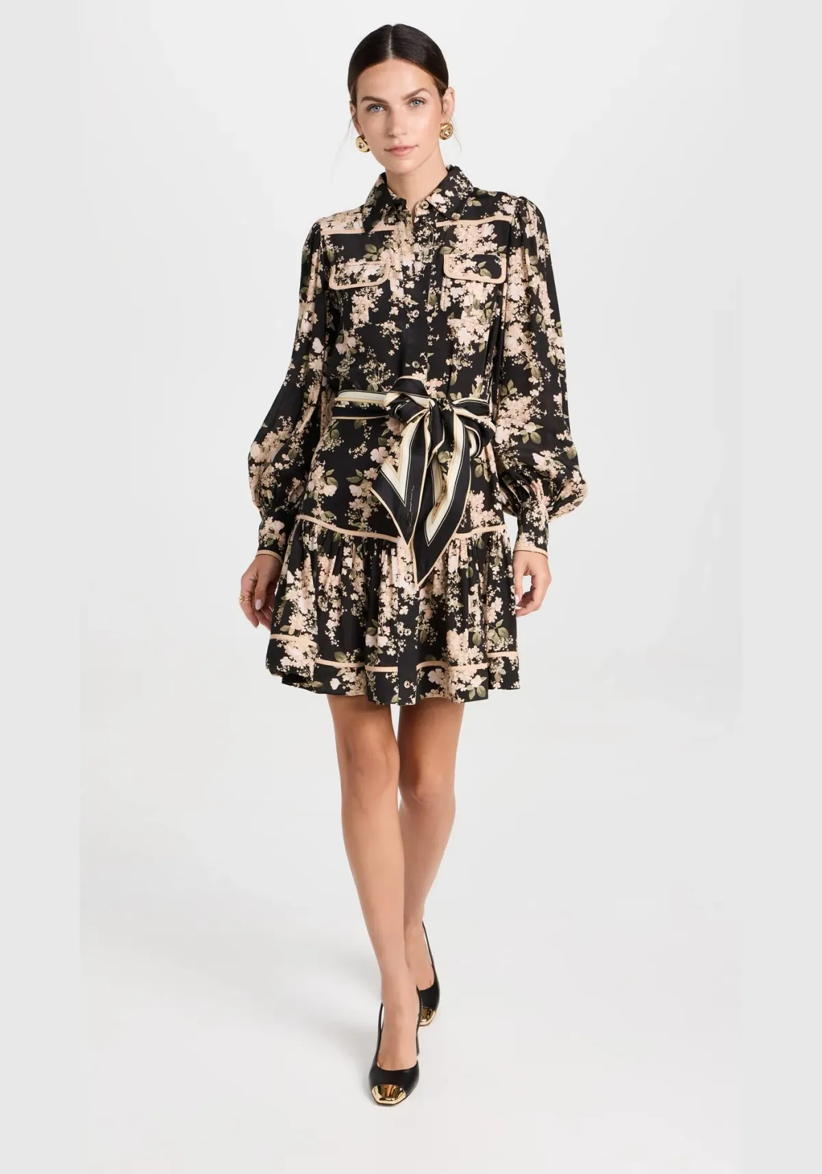 Zimmerman Shirt Mini Dress in Black Ivory Floral Size 10 for rent on The Volte - main image
