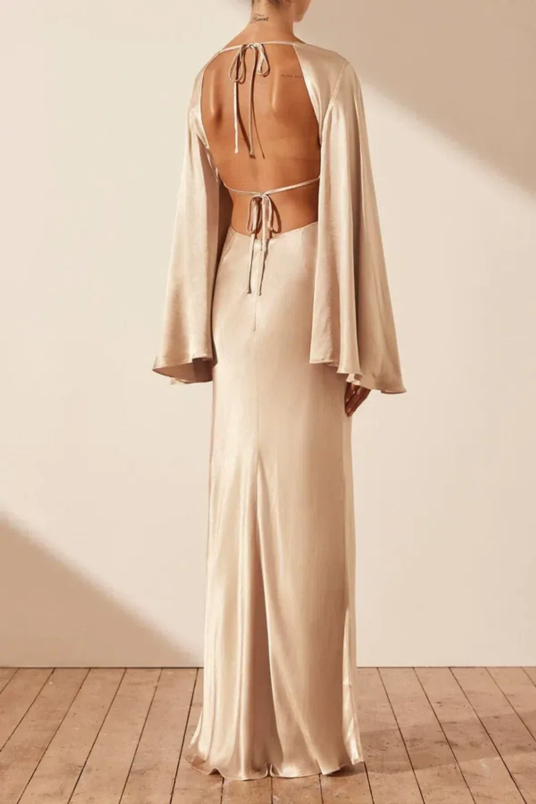 Shona Joy La Lune Flared Sleeve Open Back Maxi Dress Gold Size 6 for rent on The Volte - main image