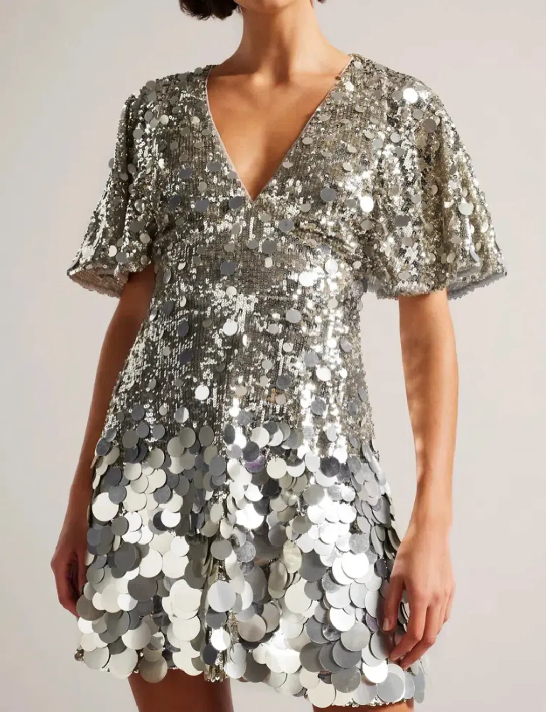 Ted Baker Silver Estelli Embellished Cape Woven Mini Dress Sequin Size 8 for rent on The Volte - main image