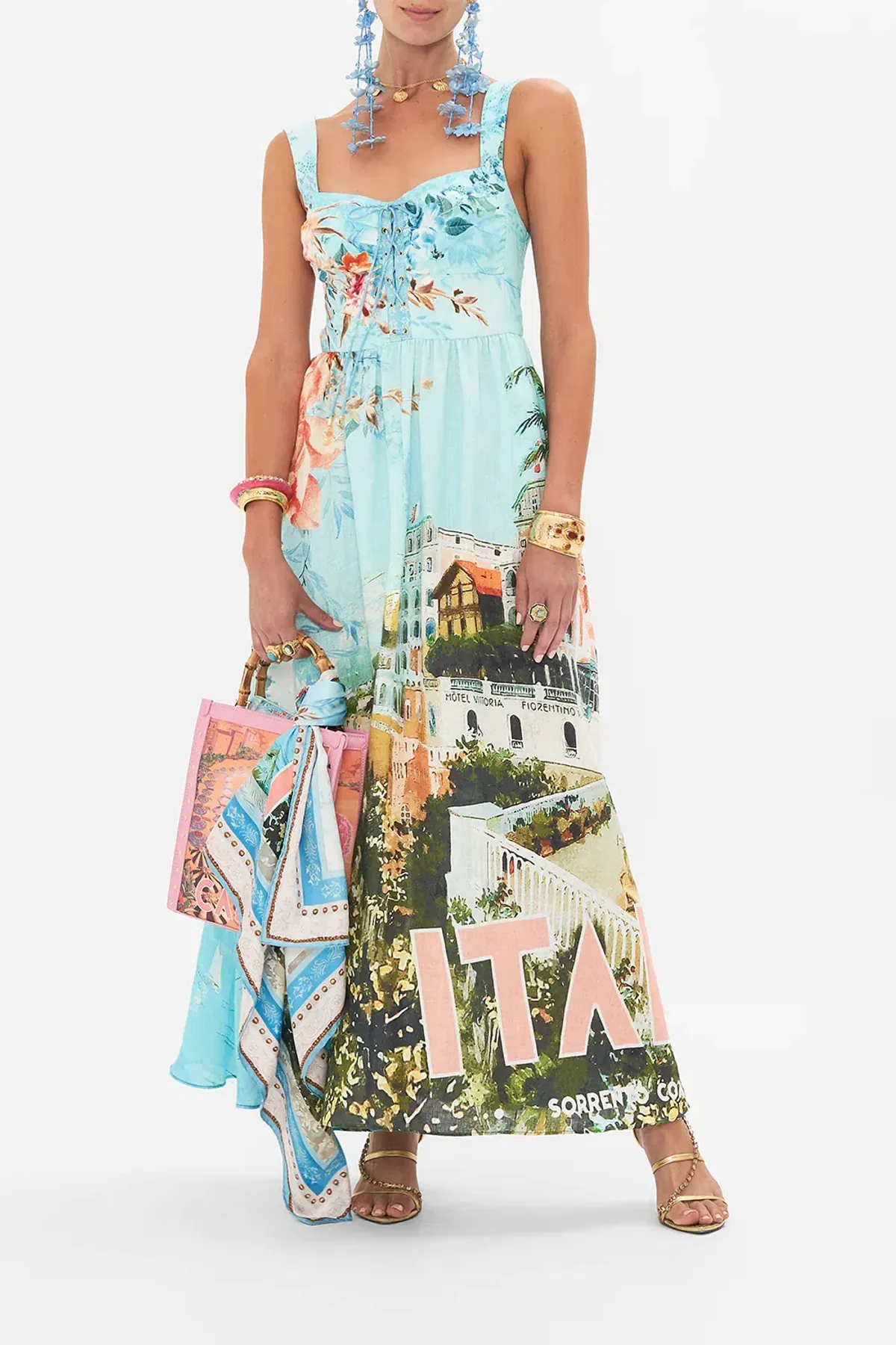 Camilla Eyelet Bustier Dress in From Sorrento With Love Print Size S / AU 10 for rent on The Volte - main image