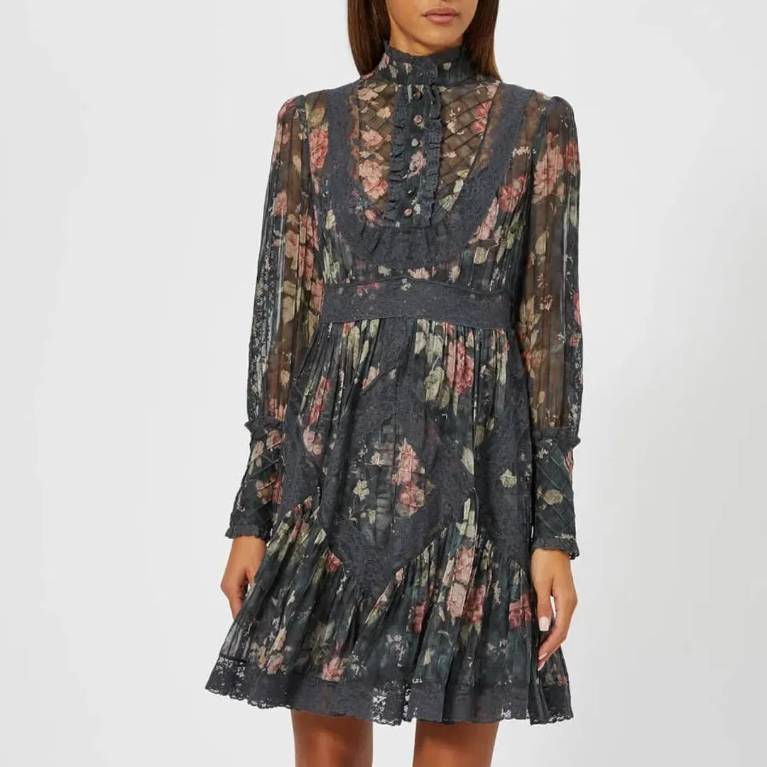 Zimmermann Unbridled Tucked Mini Dress Grey Floral Size 0 / AU 8 for rent on The Volte - main image