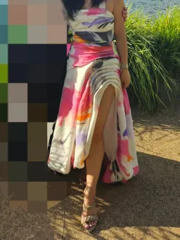 AJE HALTER NECK ABSTRACT SUNSET MIDI DRESS SIZE 8 for rent on The Volte - image 1