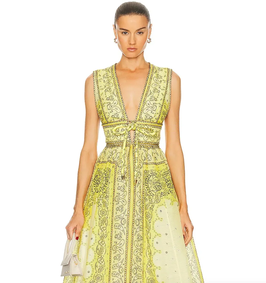 Zimmermann Matchmaker Bow Long Dress Yellow Bandana Print Size 0P / AU 6 for rent on The Volte - main image