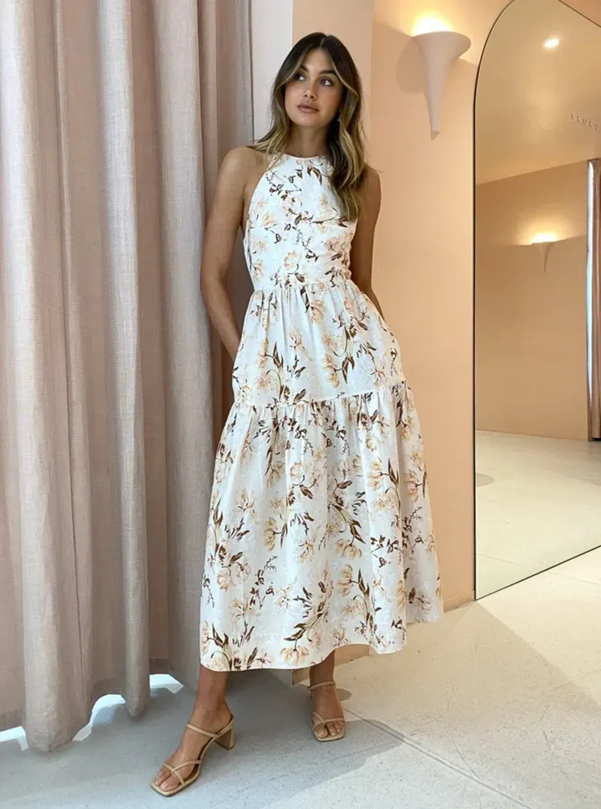  Shona Joy Roxanne Linen Open Back Tiered Midi Dress Floral Size AU 10  for rent on The Volte - main image