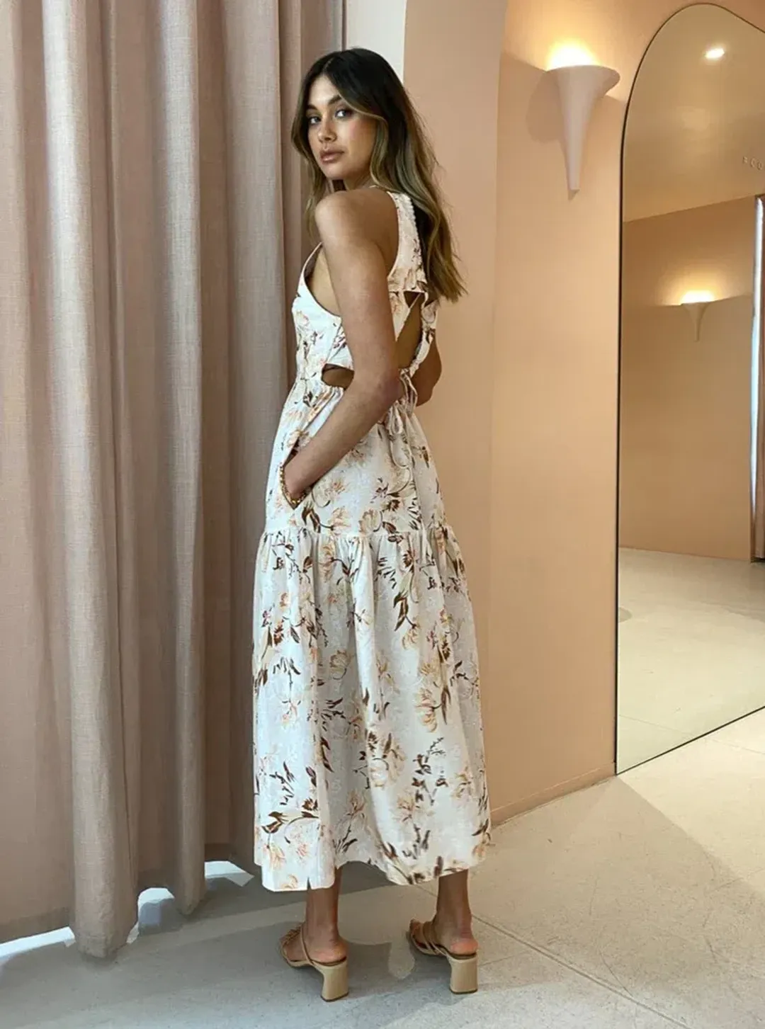  Shona Joy Roxanne Linen Open Back Tiered Midi Dress Floral Size AU 10  for rent on The Volte - main image