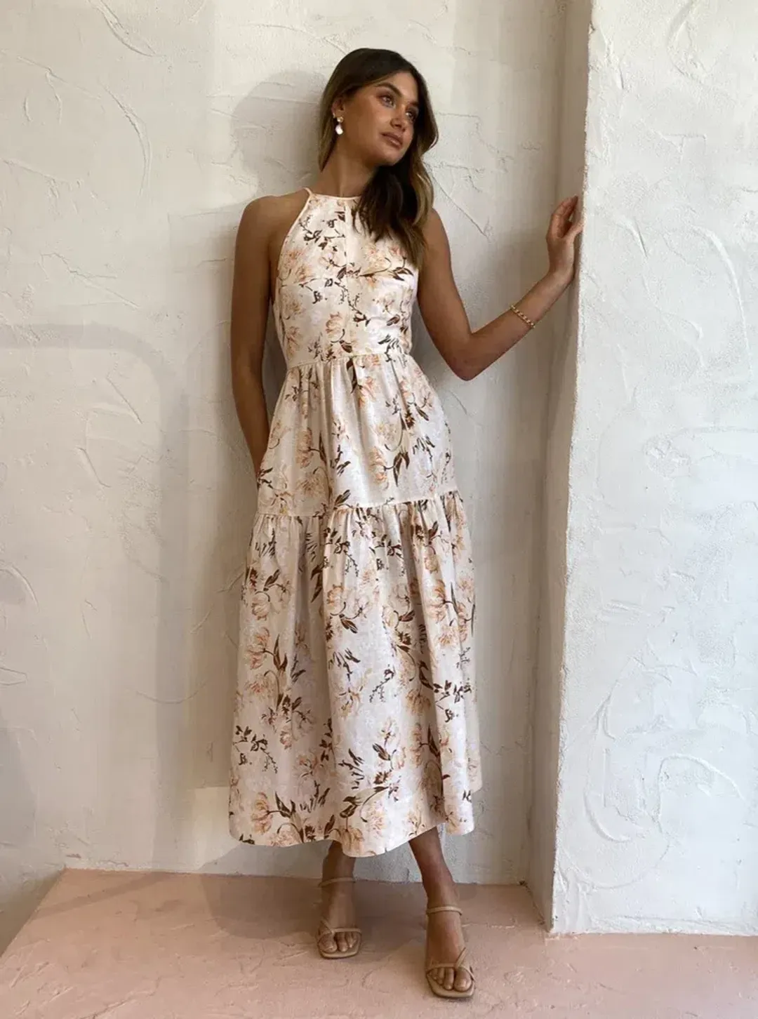  Shona Joy Roxanne Linen Open Back Tiered Midi Dress Floral Size AU 10  for rent on The Volte - main image