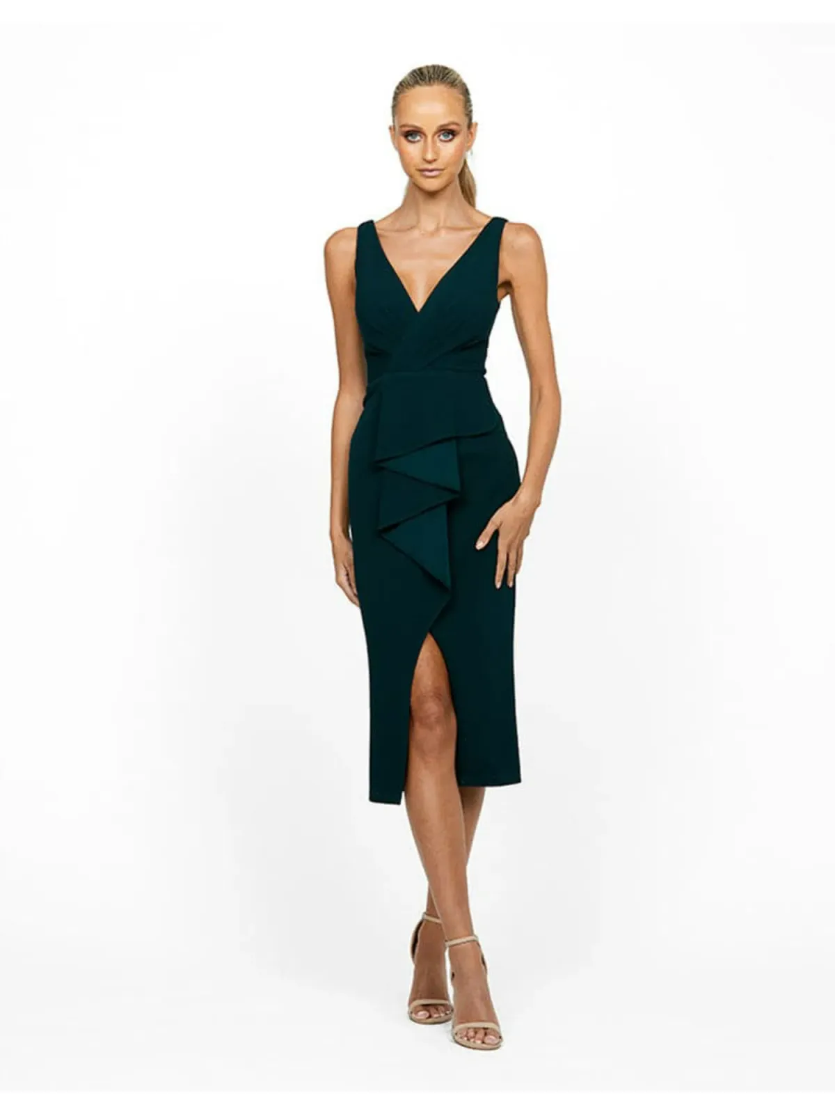 Bariano Dakota V Neck Ruffle Midi Dress in Jade Size AU 8 for rent on The Volte - main image
