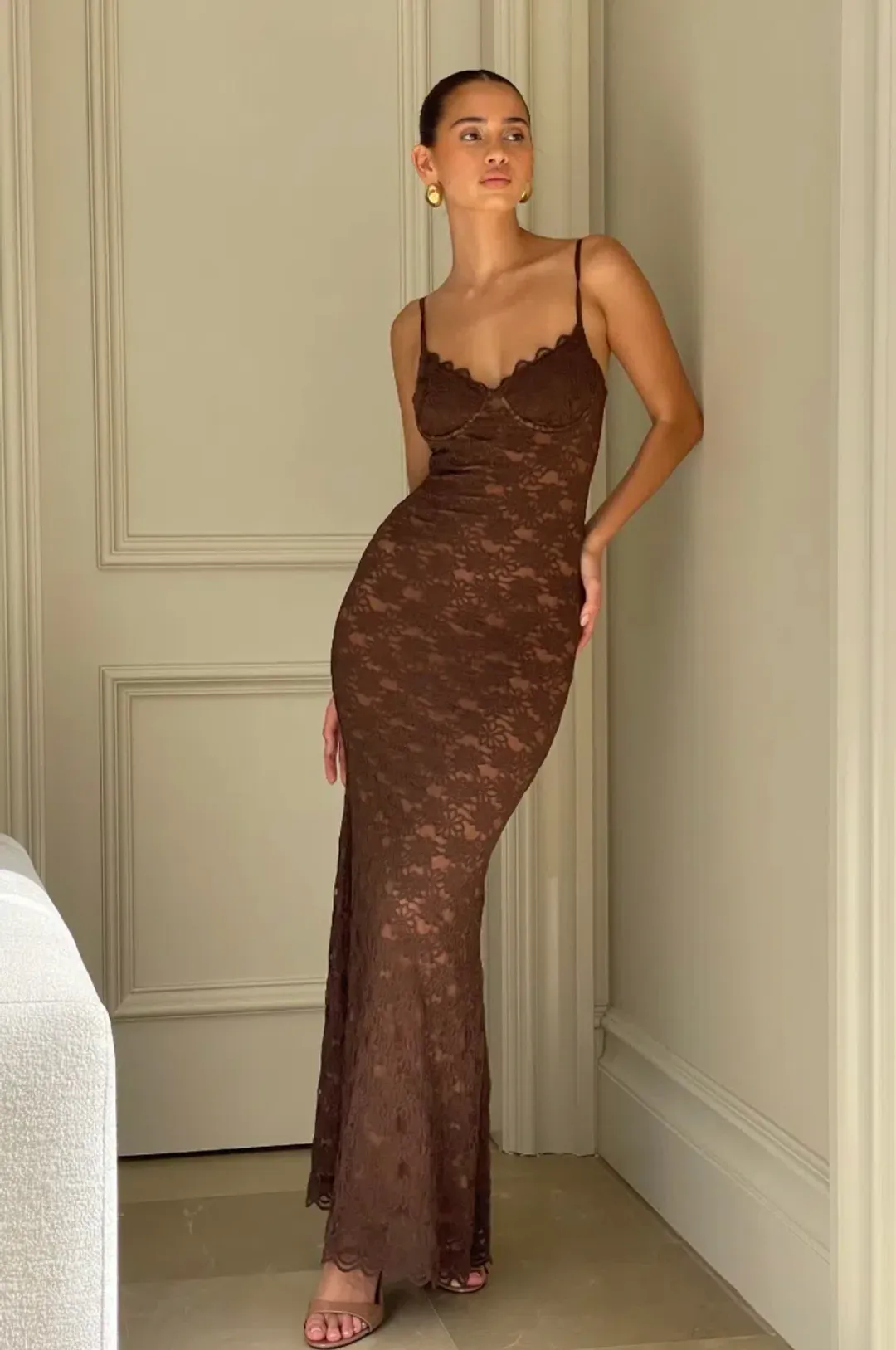 Meshki Joelle Lace Cupped Maxi Dress Chocolate Size L/Au 12  for rent on The Volte - main image