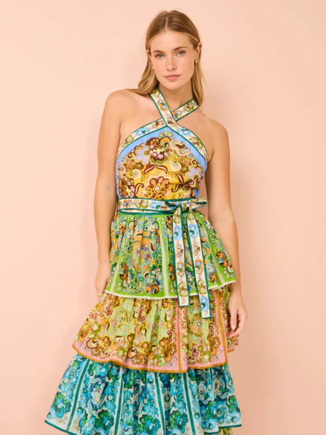 Alemais Dreamer Halter Tier Dress in Multi Size AU 8 for rent on The Volte - main image