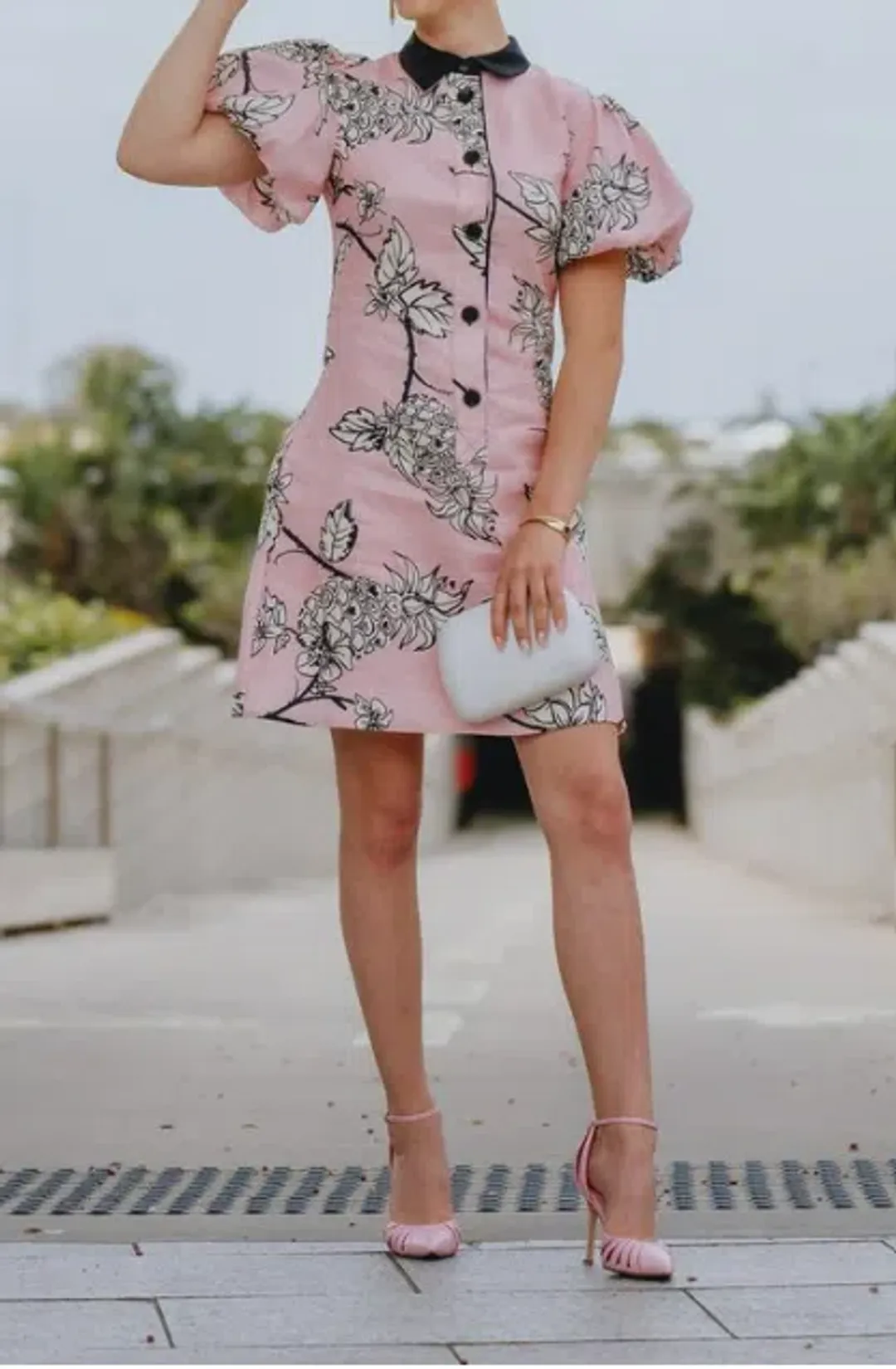 Leo Lin Pina Short Dress Printed Linen Mini Dress Pink Size AU 10 for rent on The Volte - main image