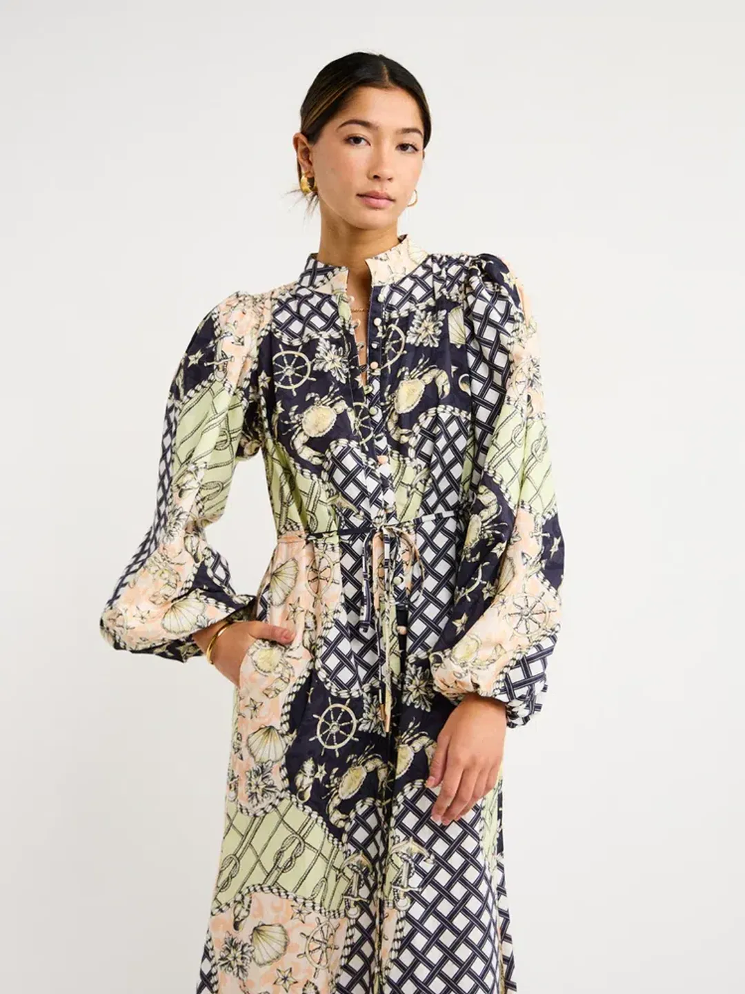 By Nicola Sail Maxi Billow Sleeve Dress in Geo/Nautical Size AU 8 for rent on The Volte - main image